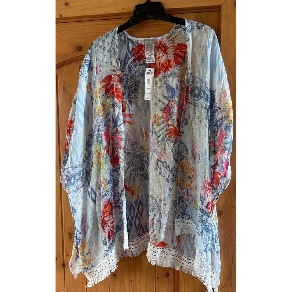 NWT Chicos Ikat‎ Paradise Ruana Linen Floral Paisley Fringe Wrap Blue Orange S/M